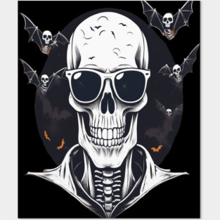 Halloween Skeleton with Sunglasses and Bats Flying Around it Posters and Art