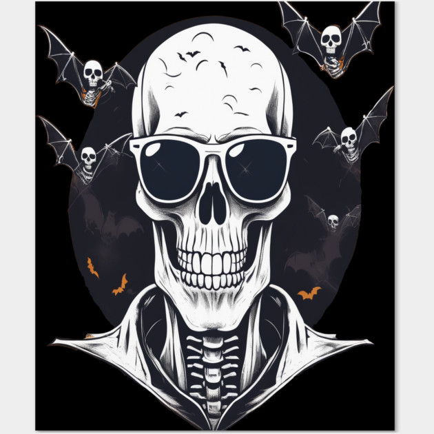 Halloween Skeleton with Sunglasses and Bats Flying Around it Wall Art by BirdsnStuff