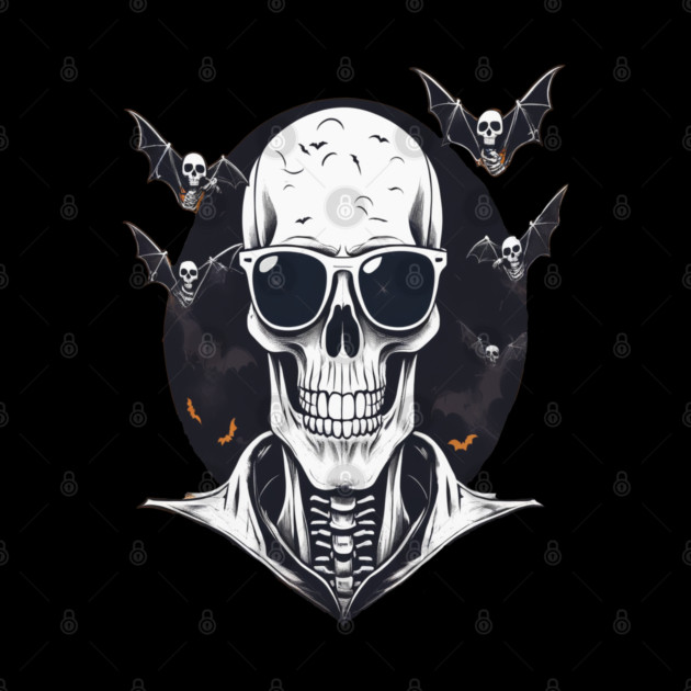 Halloween Skeleton with Sunglasses and Bats Flying Around it by BirdsnStuff