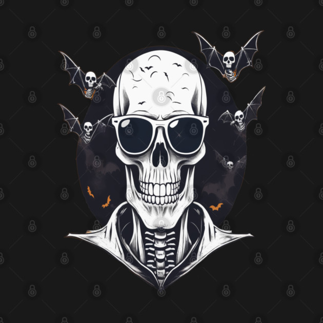 Halloween Skeleton with Sunglasses and Bats Flying Around it by BirdsnStuff