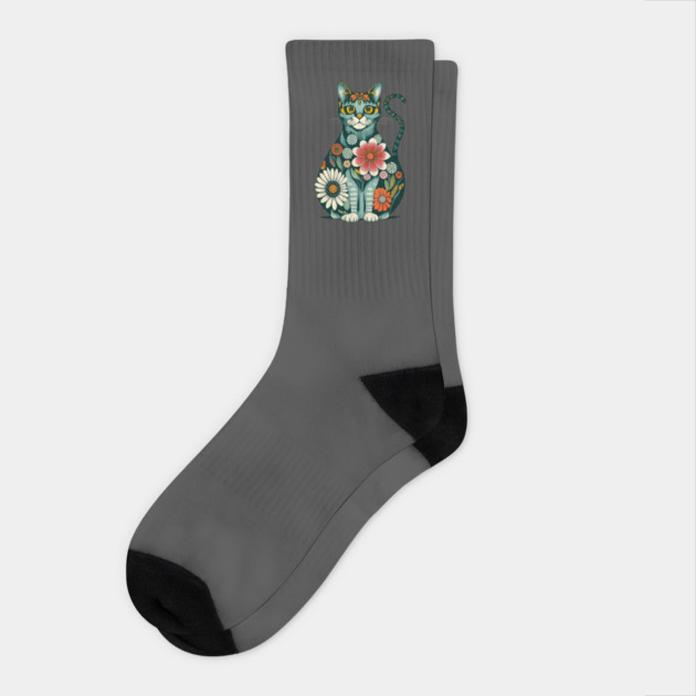 Flower Cat Art Design Socks by Luvv Designs