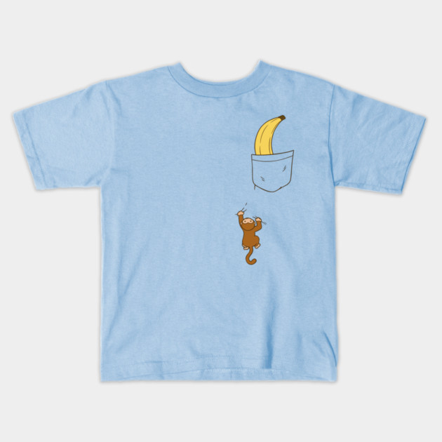 Cute monkey climbing up to banana in pocket design Kids T-Shirt by Luxinda