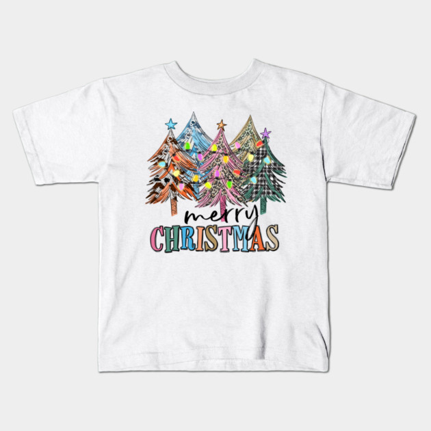 Merry Christmas Western Flannel Trees Kids T-Shirt by Luxinda