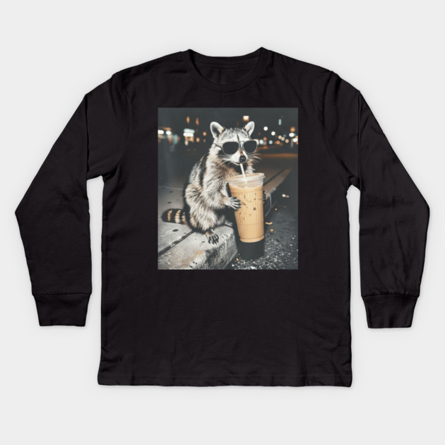 Raccoon-Drinking-Iced-Coffee Kids Long Sleeve T-Shirt by BlackMeme94