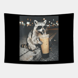 Raccoon-Drinking-Iced-Coffee Tapestry