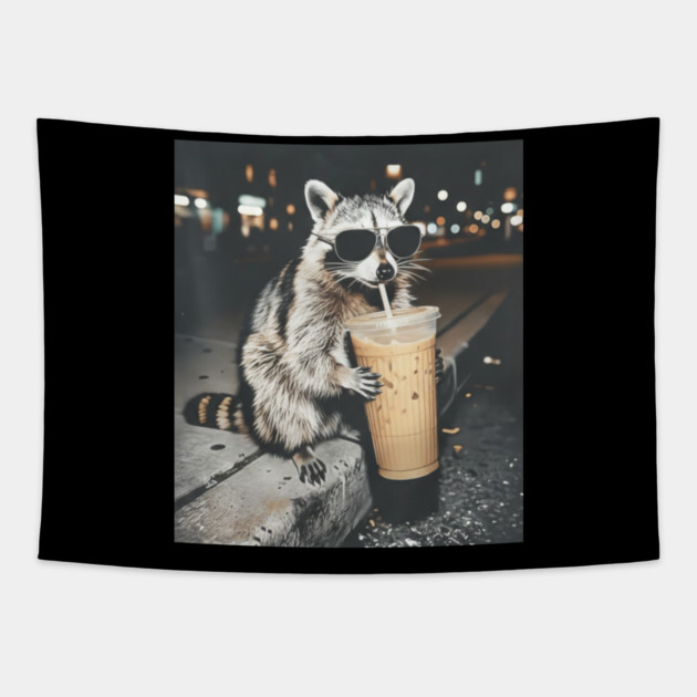 Raccoon-Drinking-Iced-Coffee Tapestry by BlackMeme94