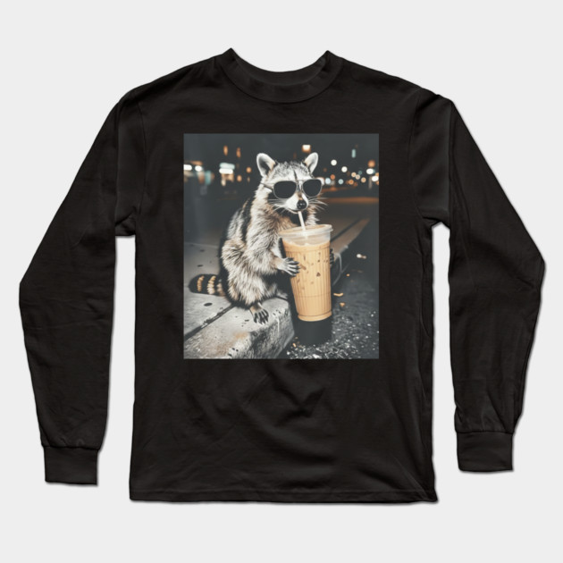 Raccoon-Drinking-Iced-Coffee Long Sleeve T-Shirt by BlackMeme94