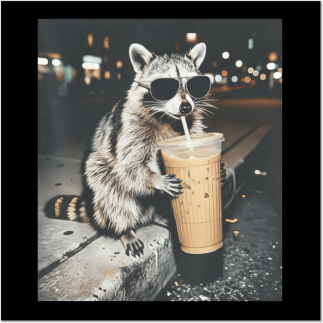 Raccoon-Drinking-Iced-Coffee Wall Art by BlackMeme94