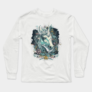 Unicorn surrounded by flowers and confetti Long Sleeve T-Shirt