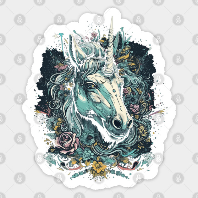 Unicorn surrounded by flowers and confetti Sticker by WarFX Designs
