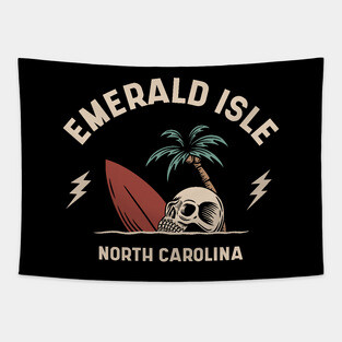Vintage Surfing Emerald Isle North Carolina // Retro Surf Skull Tapestry