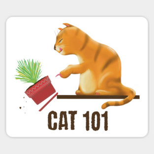 Cat 101 Funny kitty pushing plant off shelf Sticker