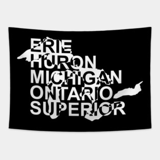 Great Lakes Map and Names Art White Tapestry
