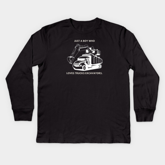 Just a boy who loves trucks excavators Kids Long Sleeve T-Shirt by BlackMeme94