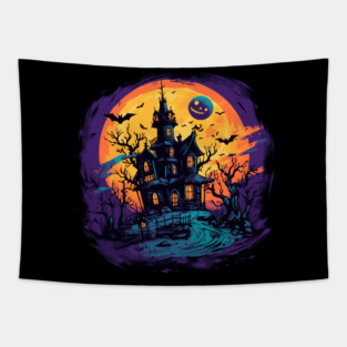 Haunted House Mansion Sunset Halloween Tapestry