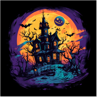 Haunted House Mansion Sunset Halloween Posters and Art