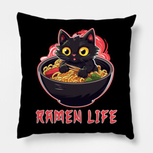Black Cat Eating Ramen Noodles Japanese Food Pillow