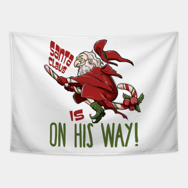 Santa Claus Witch Flying on Candy Cane Tapestry by Luxinda