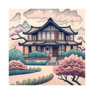 Old Traditional Korean house Hanok Drawing T-Shirt