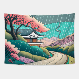 Old abandoned Traditional Japanese house Minka Drawing Tapestry
