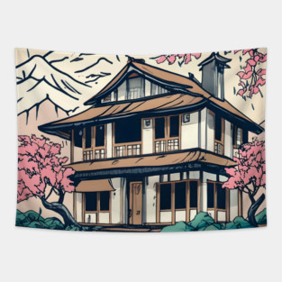 Old abandoned Traditional Japanese house Minka Drawing Tapestry