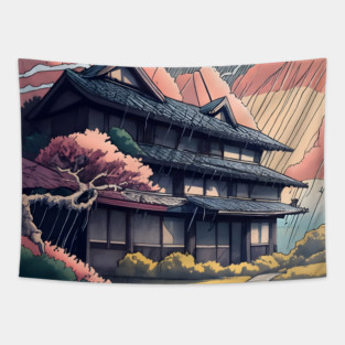 Old abandoned Traditional Japanese house Minka Drawing Tapestry