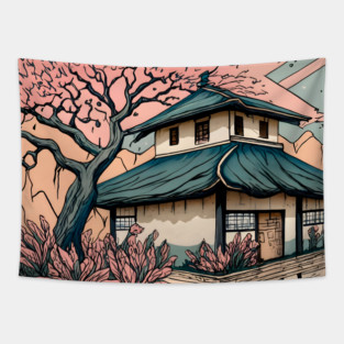 Old abandoned Traditional Japanese house Minka Drawing Tapestry