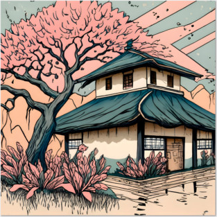 Old abandoned Traditional Japanese house Minka Drawing Posters and Art