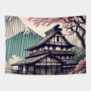 Old abandoned Traditional Japanese house Minka Drawing Tapestry
