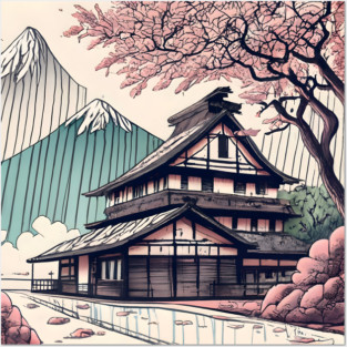 Old abandoned Traditional Japanese house Minka Drawing Posters and Art