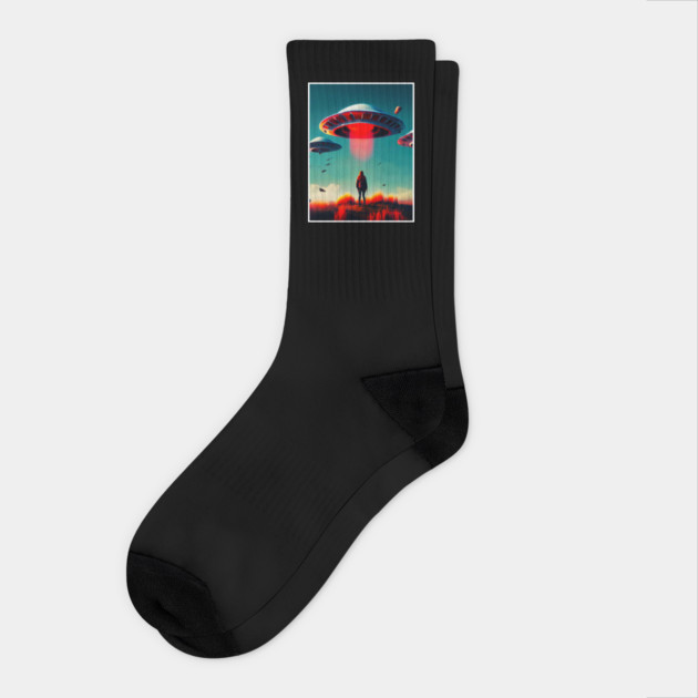 Woman and Aliens Ufo, digital Art Socks by Megadorim