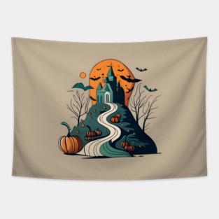 halloween mountain castle Tapestry