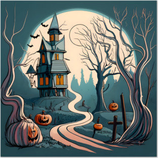 Halloween Spooky path to scary house Posters and Art