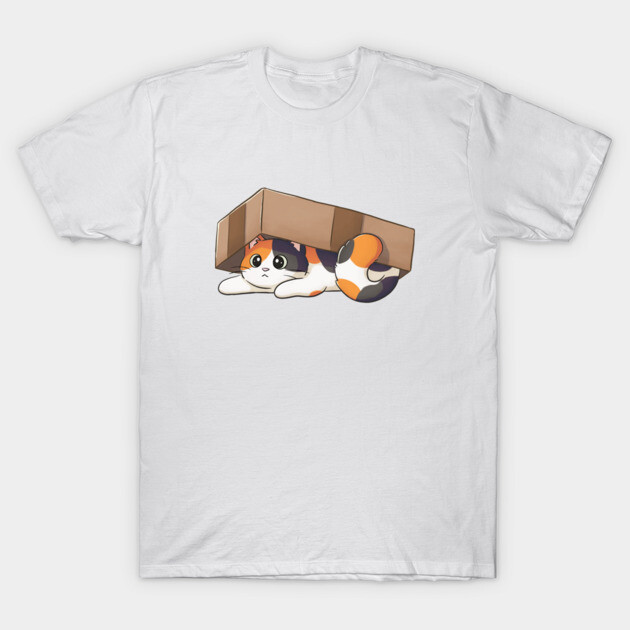 Cute Calico Cat Under Cardboard Box T-Shirt by Meowrye