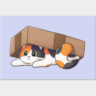 Cute Calico Cat Under Cardboard Box Posters and Art
