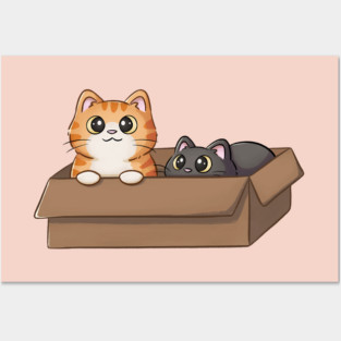 Cute Orange Cat And Black Cat In Box Posters and Art