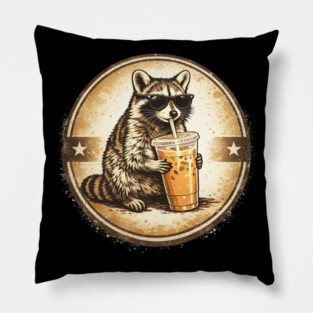Raccoon-Drinking-Iced-Coffee Pillow