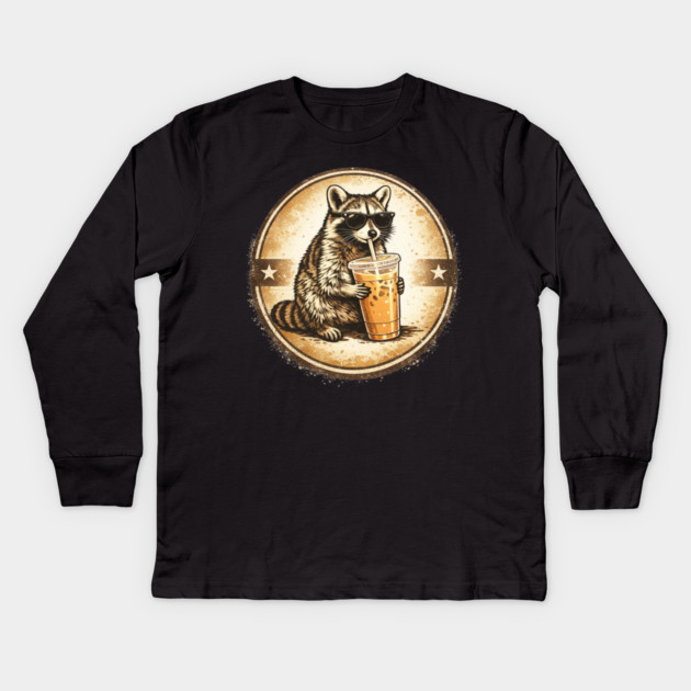Raccoon-Drinking-Iced-Coffee Kids Long Sleeve T-Shirt by BlackMeme94
