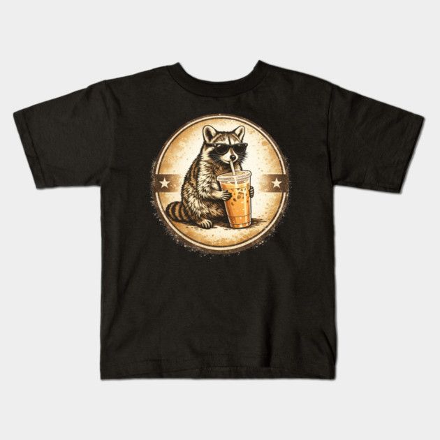 Raccoon-Drinking-Iced-Coffee Kids T-Shirt by BlackMeme94