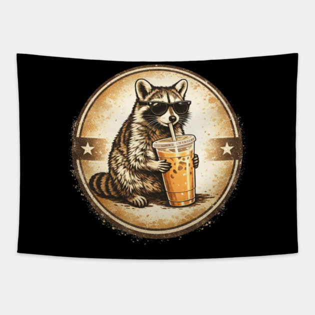 Raccoon-Drinking-Iced-Coffee Tapestry by BlackMeme94