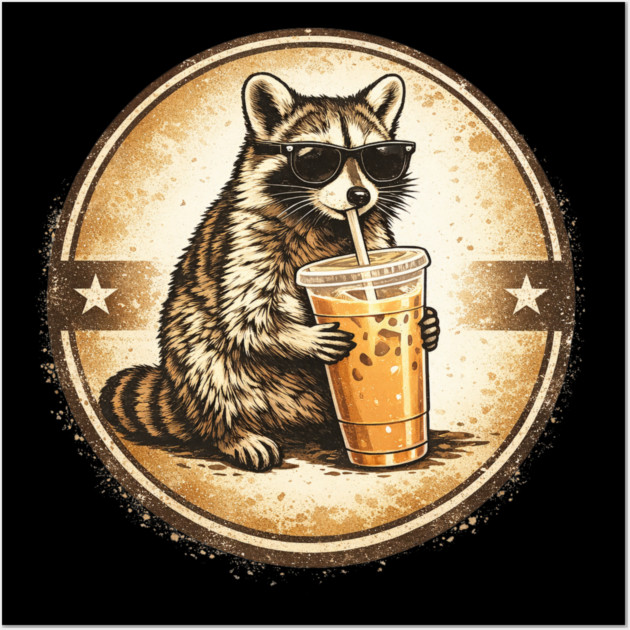 Raccoon-Drinking-Iced-Coffee Wall Art by BlackMeme94