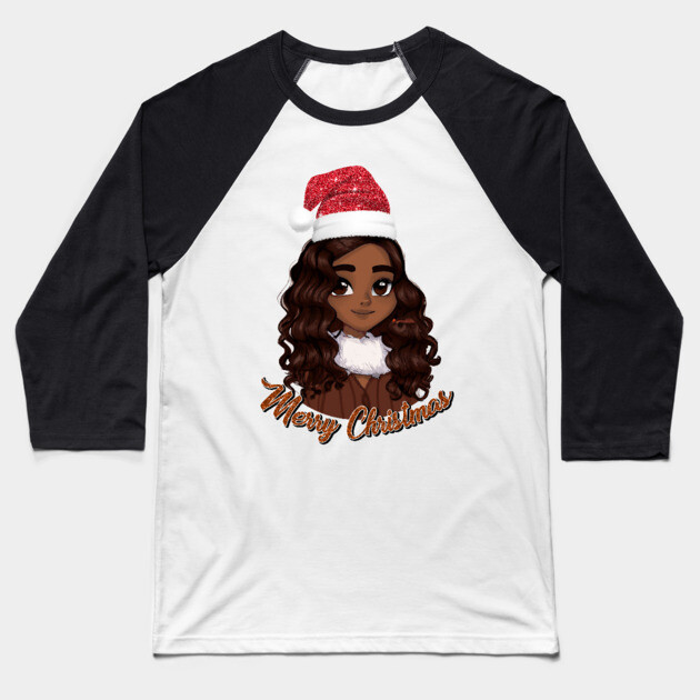 Black Girl Santa, Black Mrs Santa Claus, African American Santa, Merry Christmas Baseball T-Shirt by UrbanLifeApparel