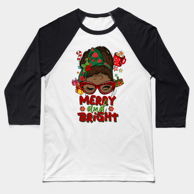 Merry and Bright, Black Girl Christmas Magic Baseball T-Shirt by UrbanLifeApparel