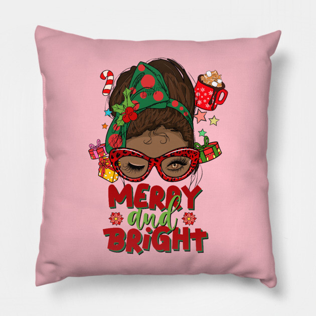 Merry and Bright, Black Girl Christmas Magic Pillow by UrbanLifeApparel