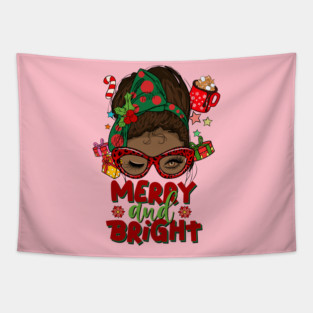 Merry and Bright, Black Girl Christmas Magic Tapestry
