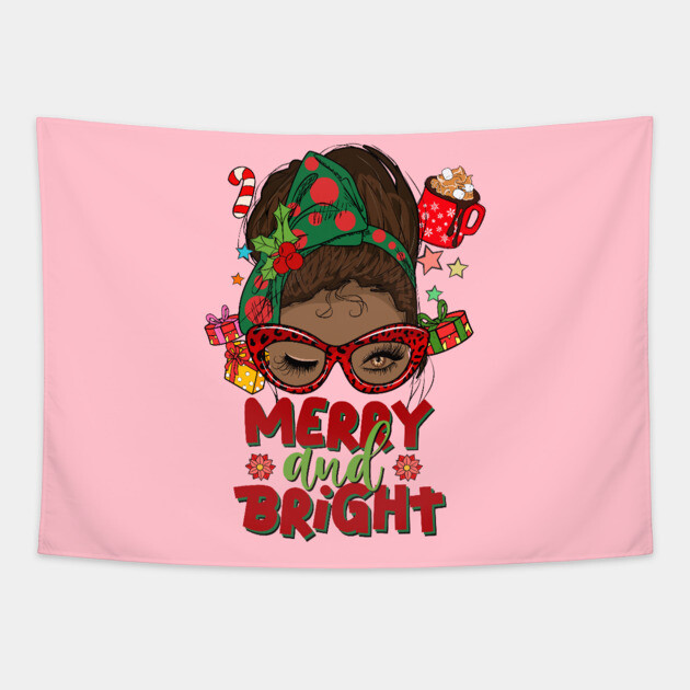 Merry and Bright, Black Girl Christmas Magic Tapestry by UrbanLifeApparel