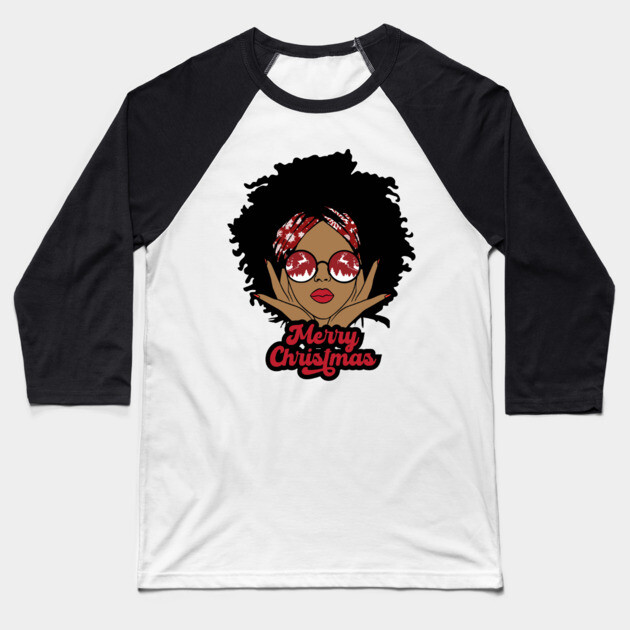 Merry Christmas, Black Girl Christmas Magic Baseball T-Shirt by UrbanLifeApparel