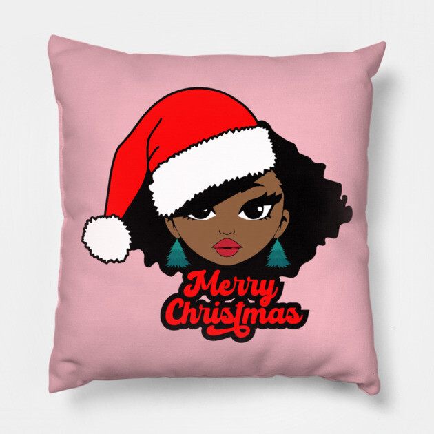 Merry Christmas Santa Hat, Black Girl Christmas Magic Pillow by UrbanLifeApparel