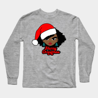Merry Christmas Santa Hat, Black Girl Christmas Magic Long Sleeve T-Shirt