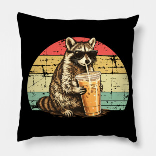 Raccoon-Drinking-Iced-Coffee Pillow